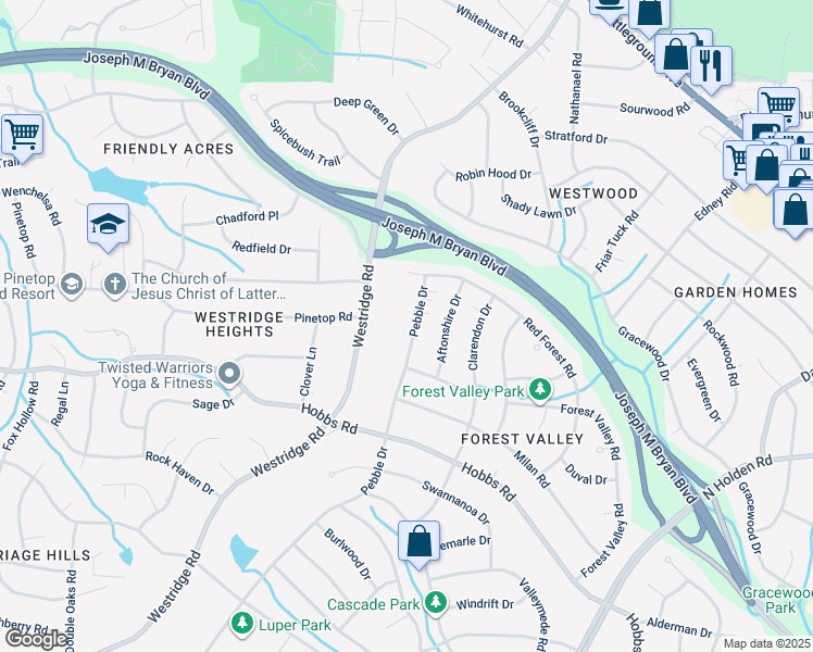 map of restaurants, bars, coffee shops, grocery stores, and more near 2111 Pebble Drive in Greensboro