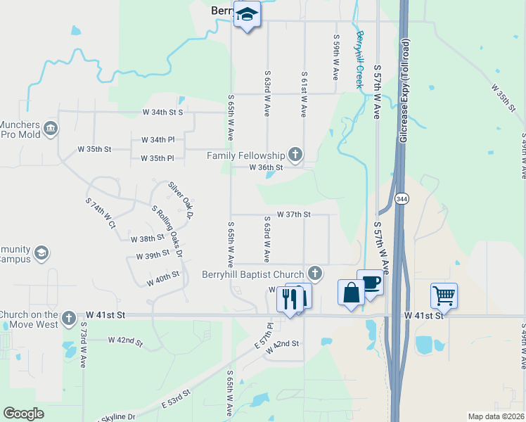 map of restaurants, bars, coffee shops, grocery stores, and more near 6311 West 37th Street in Tulsa