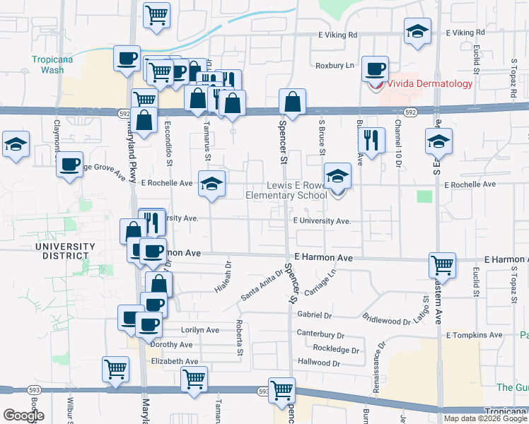 map of restaurants, bars, coffee shops, grocery stores, and more near 1722 East University Avenue in Las Vegas