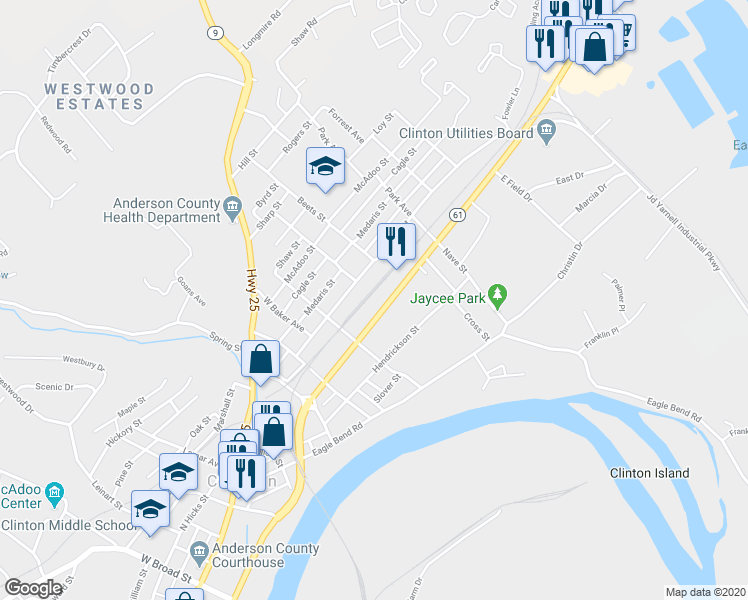 map of restaurants, bars, coffee shops, grocery stores, and more near 730 North Charles G Seivers Boulevard in Clinton