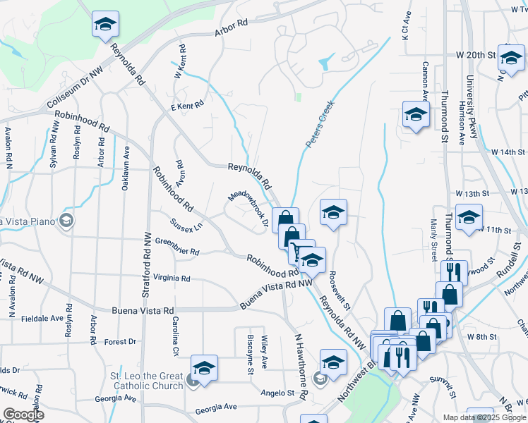 map of restaurants, bars, coffee shops, grocery stores, and more near 1883 Meadowbrook Drive in Winston-Salem