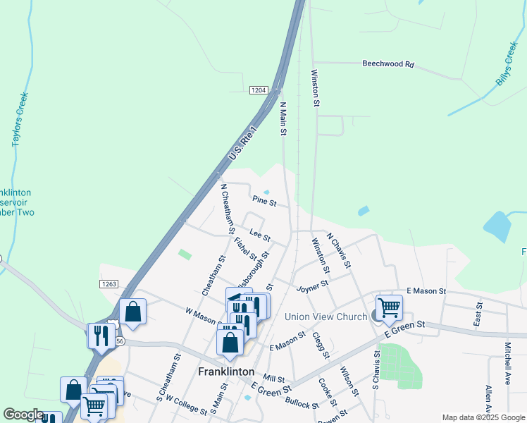 map of restaurants, bars, coffee shops, grocery stores, and more near 10 Ramey Circle in Franklinton