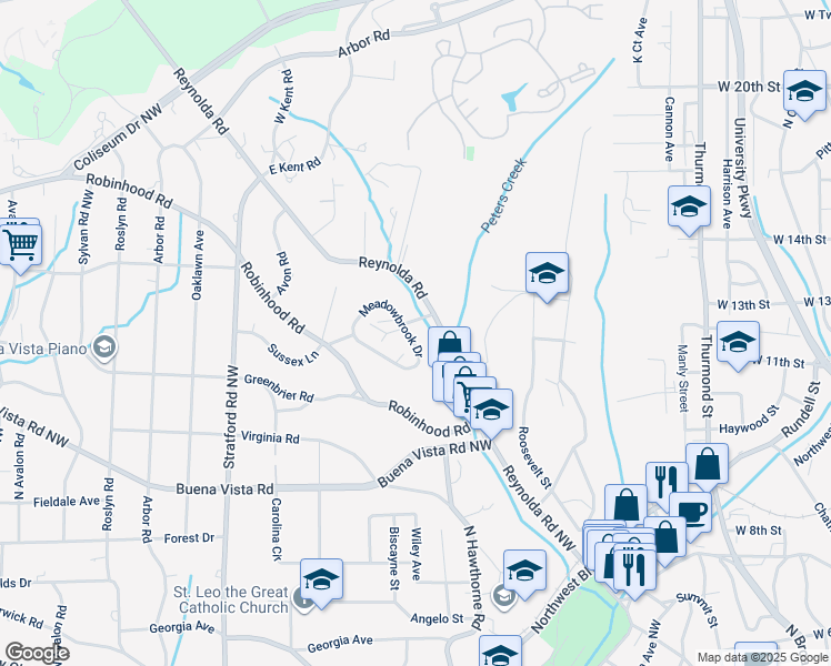 map of restaurants, bars, coffee shops, grocery stores, and more near 1883 Meadowbrook Drive in Winston-Salem