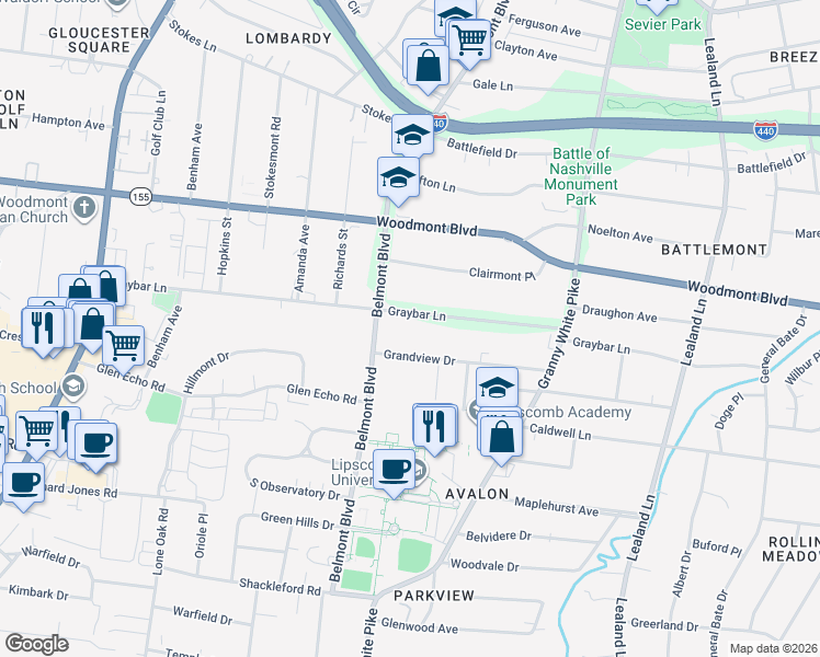 map of restaurants, bars, coffee shops, grocery stores, and more near 1521B Graybar Lane in Nashville