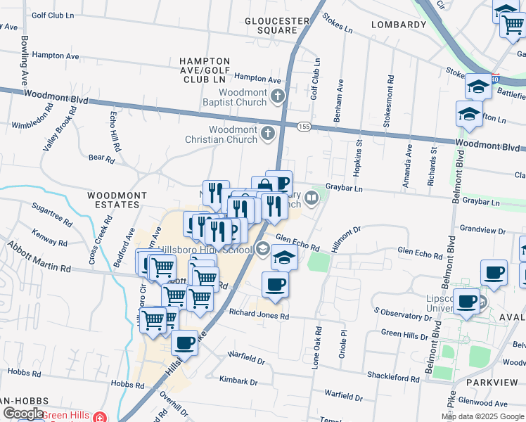 map of restaurants, bars, coffee shops, grocery stores, and more near 2101 Crestmoor Road in Nashville