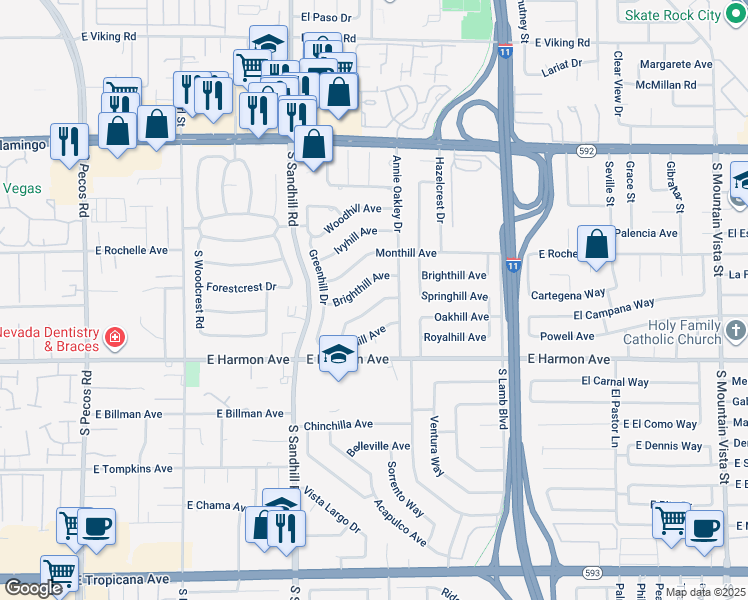 map of restaurants, bars, coffee shops, grocery stores, and more near 3910 Springhill Avenue in Las Vegas