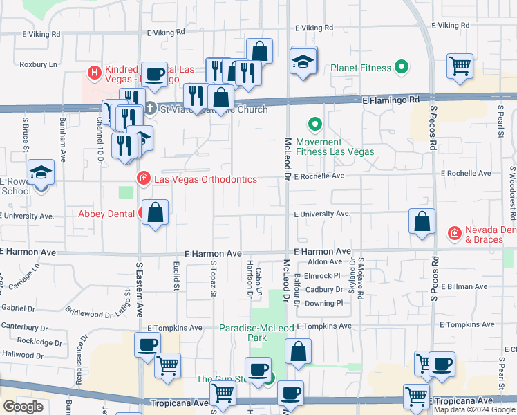 map of restaurants, bars, coffee shops, grocery stores, and more near 4380 Flandes Street in Las Vegas
