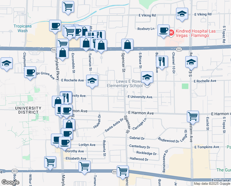 map of restaurants, bars, coffee shops, grocery stores, and more near 1722 East University Avenue in Las Vegas