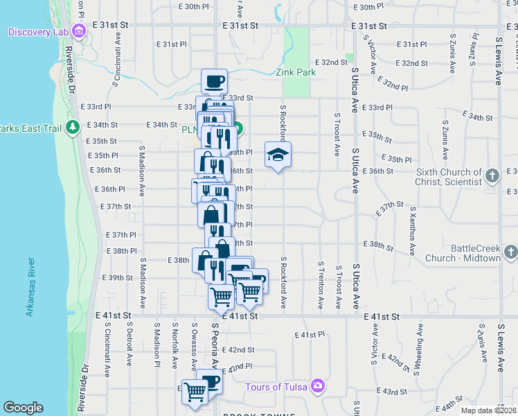 map of restaurants, bars, coffee shops, grocery stores, and more near 1408 East 37th Street in Tulsa