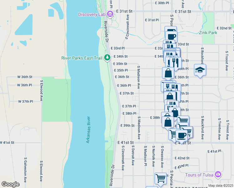 map of restaurants, bars, coffee shops, grocery stores, and more near 3651 Riverside Drive in Tulsa