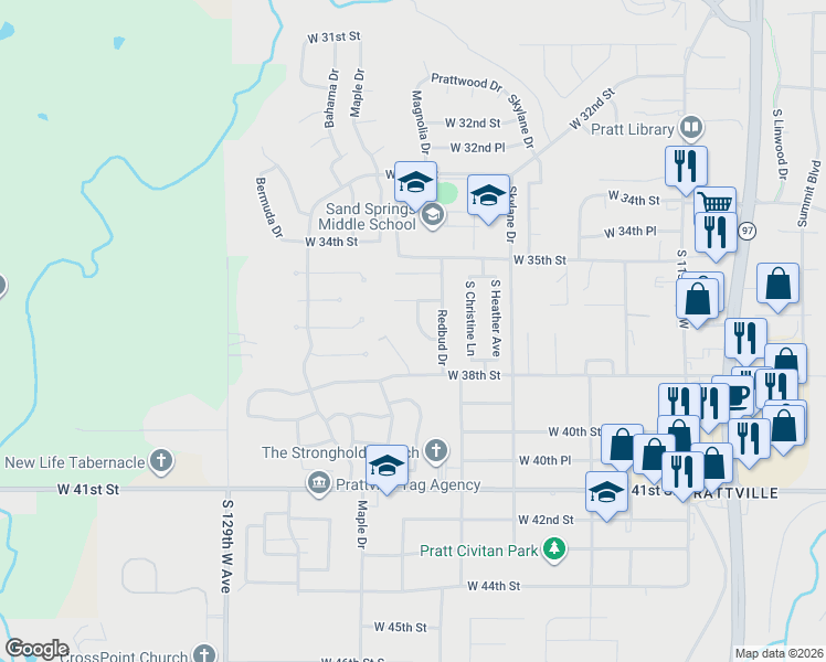 map of restaurants, bars, coffee shops, grocery stores, and more near 3612 Redbud Drive in Sand Springs