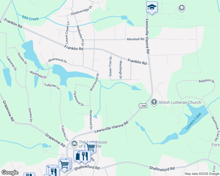 map of restaurants, bars, coffee shops, grocery stores, and more near 7198 Spring Hill Road in Lewisville
