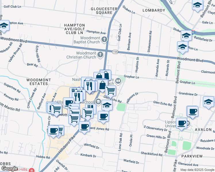 map of restaurants, bars, coffee shops, grocery stores, and more near 3710 Hillsboro Pike in Nashville