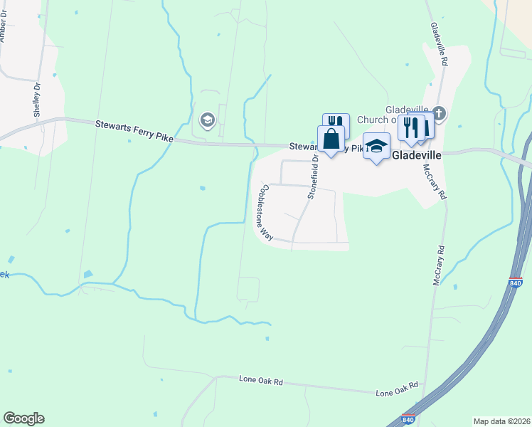 map of restaurants, bars, coffee shops, grocery stores, and more near 421 Cobblestone Way in Mt. Juliet