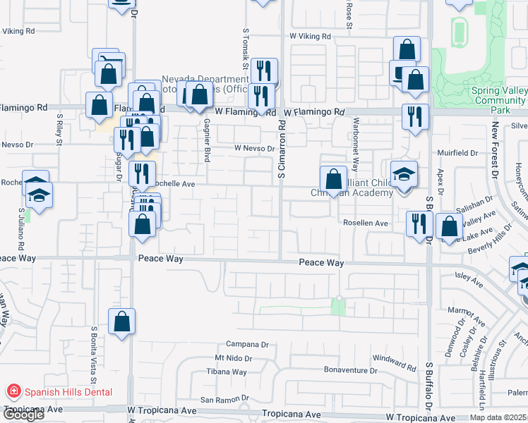 map of restaurants, bars, coffee shops, grocery stores, and more near 4374 Milford Pond Place in Las Vegas