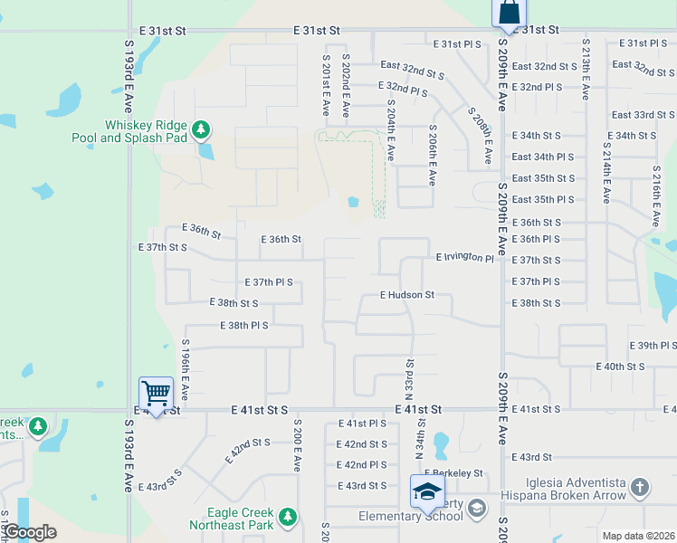 map of restaurants, bars, coffee shops, grocery stores, and more near 3748 South 201st East Avenue in Broken Arrow