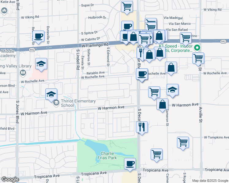 map of restaurants, bars, coffee shops, grocery stores, and more near 5100 Indian River Drive in Las Vegas