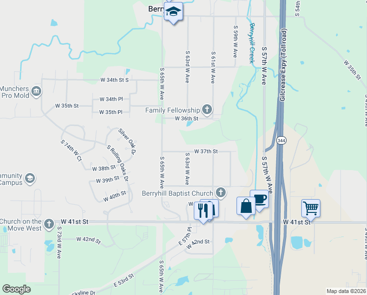 map of restaurants, bars, coffee shops, grocery stores, and more near 6311 West 37th Street in Tulsa