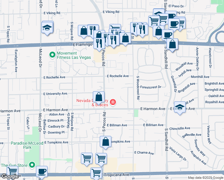 map of restaurants, bars, coffee shops, grocery stores, and more near 3435 East Tanto Circle in Las Vegas