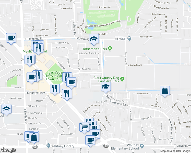 map of restaurants, bars, coffee shops, grocery stores, and more near 5501 East Harmon Avenue in Las Vegas