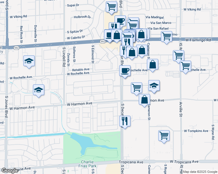 map of restaurants, bars, coffee shops, grocery stores, and more near 5020 Indian River Drive in Las Vegas