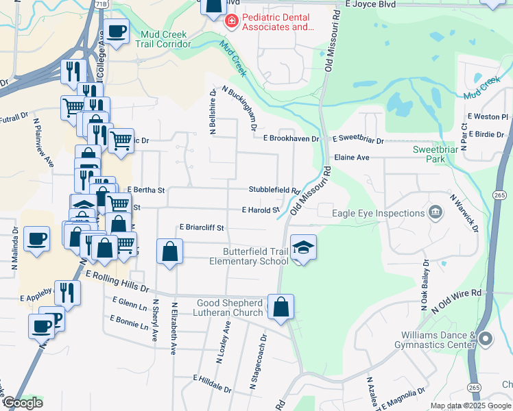 map of restaurants, bars, coffee shops, grocery stores, and more near 1775 East Harold Street in Fayetteville
