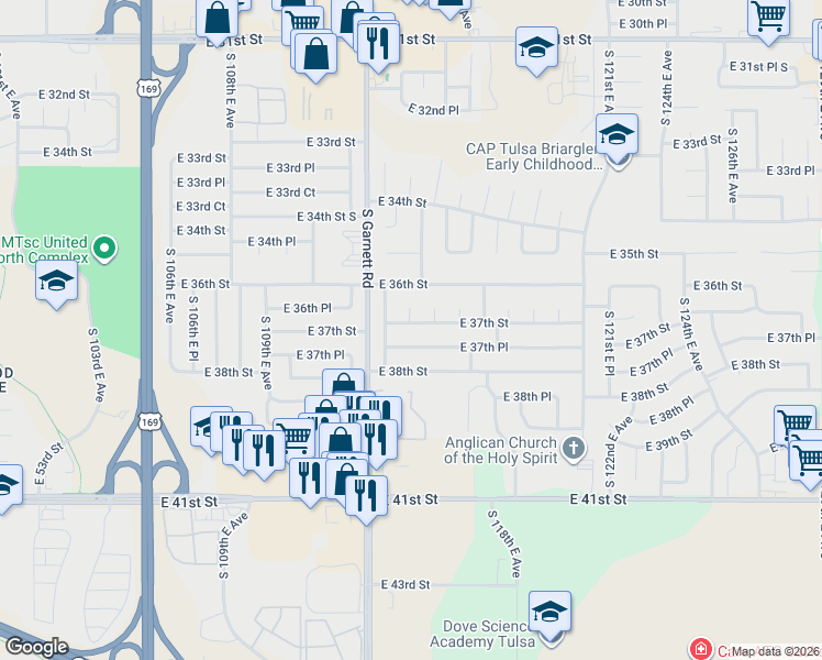 map of restaurants, bars, coffee shops, grocery stores, and more near 11407 East 37th Place in Tulsa