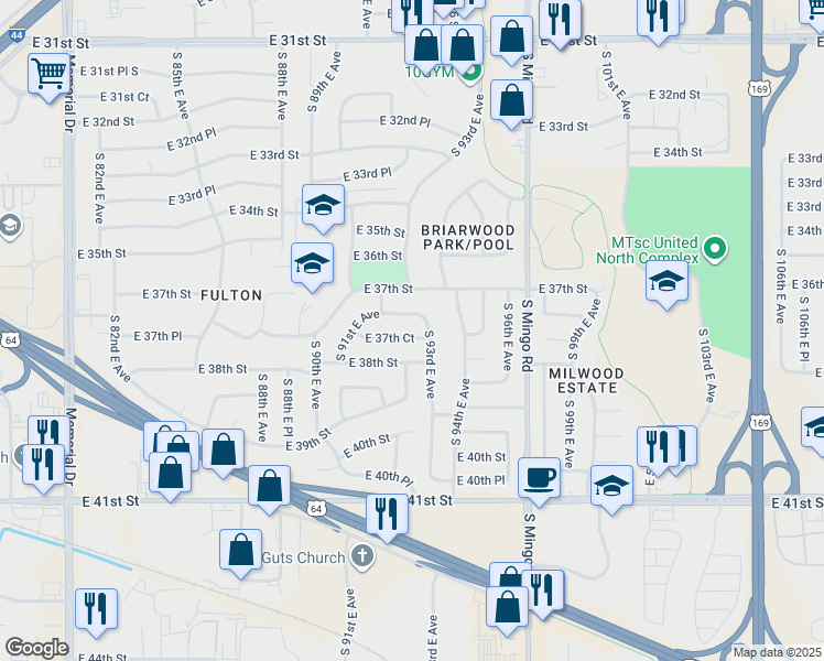 map of restaurants, bars, coffee shops, grocery stores, and more near 9168 East 37th Court in Tulsa