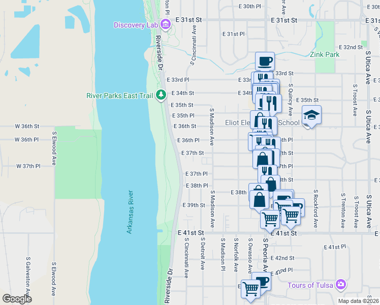 map of restaurants, bars, coffee shops, grocery stores, and more near 3708 South Cincinnati Avenue in Tulsa