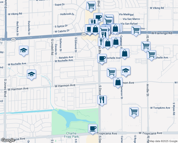 map of restaurants, bars, coffee shops, grocery stores, and more near 5020 Indian River Drive in Las Vegas