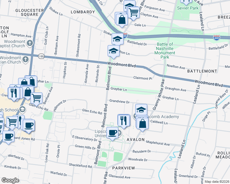map of restaurants, bars, coffee shops, grocery stores, and more near 1521B Graybar Lane in Nashville