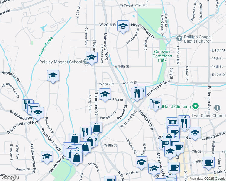 map of restaurants, bars, coffee shops, grocery stores, and more near 861 West 12th Street in Winston-Salem