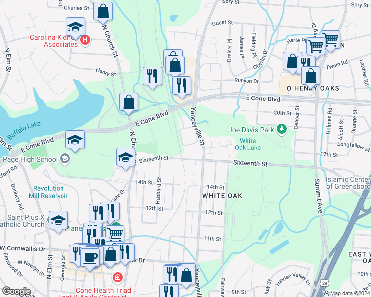 map of restaurants, bars, coffee shops, grocery stores, and more near 2617 Yanceyville Street in Greensboro