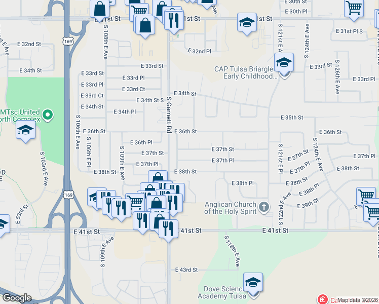 map of restaurants, bars, coffee shops, grocery stores, and more near 11407 East 37th Place in Tulsa