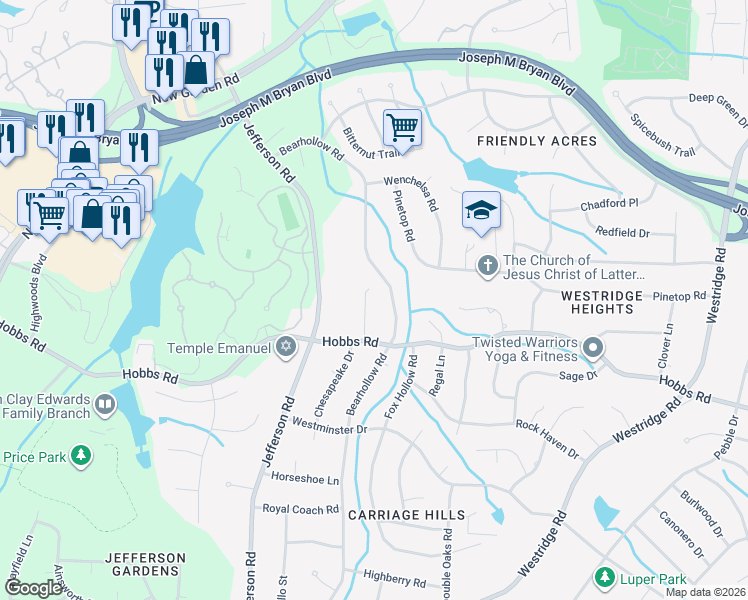 map of restaurants, bars, coffee shops, grocery stores, and more near 1906 Basset Trail in Greensboro