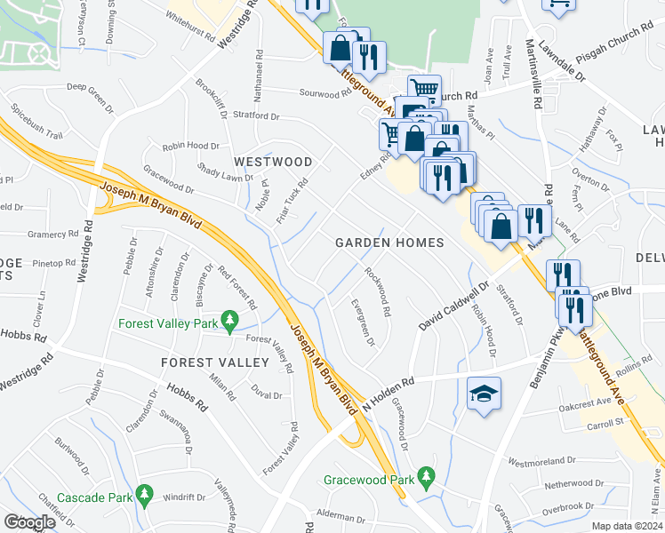 map of restaurants, bars, coffee shops, grocery stores, and more near 505 Westchester Drive in Greensboro
