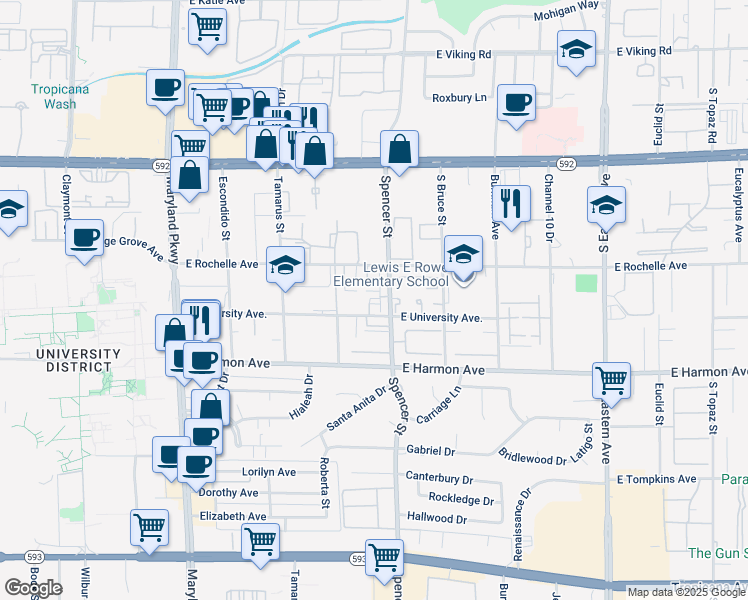 map of restaurants, bars, coffee shops, grocery stores, and more near 1722 East University Avenue in Las Vegas