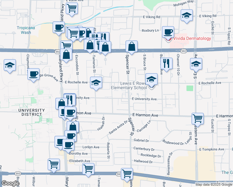 map of restaurants, bars, coffee shops, grocery stores, and more near 1722 East University Avenue in Las Vegas