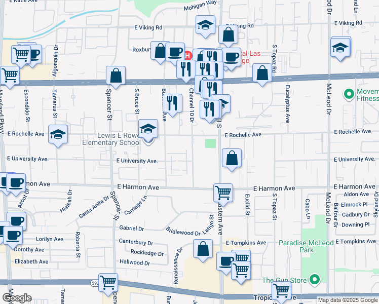 map of restaurants, bars, coffee shops, grocery stores, and more near 4360 Woodpine Drive in Las Vegas