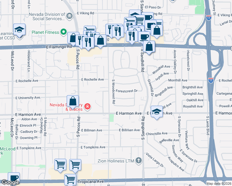 map of restaurants, bars, coffee shops, grocery stores, and more near 3680 East Mountcrest Drive in Las Vegas