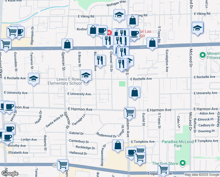 map of restaurants, bars, coffee shops, grocery stores, and more near 4360 Woodpine Drive in Las Vegas