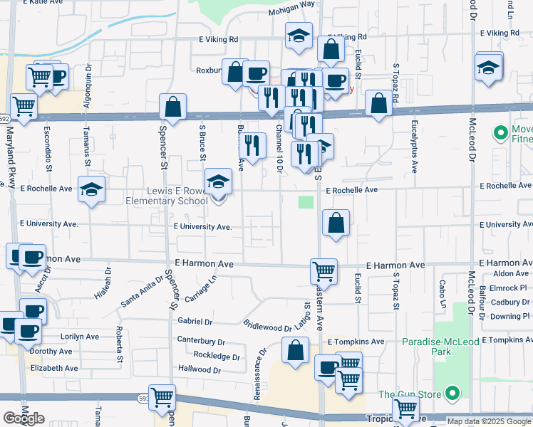 map of restaurants, bars, coffee shops, grocery stores, and more near 2210 East University Avenue in Las Vegas