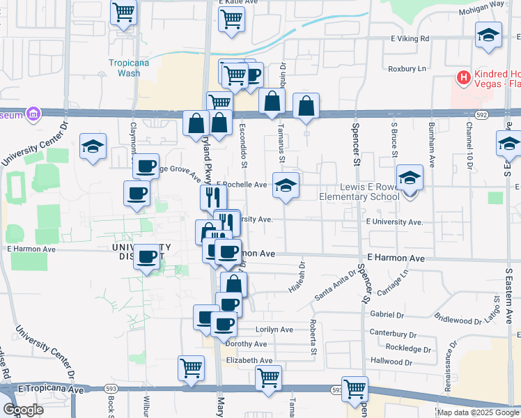 map of restaurants, bars, coffee shops, grocery stores, and more near 1482 East University Avenue in Las Vegas