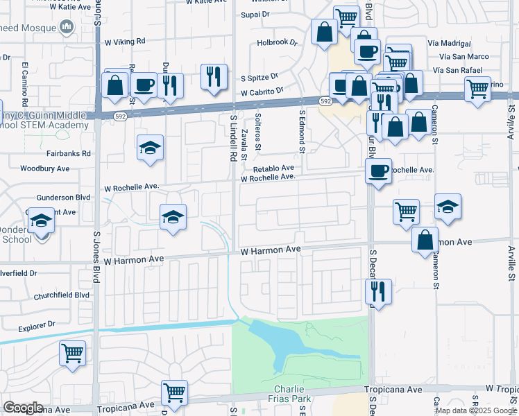 map of restaurants, bars, coffee shops, grocery stores, and more near 5340 Indian River Drive in Las Vegas