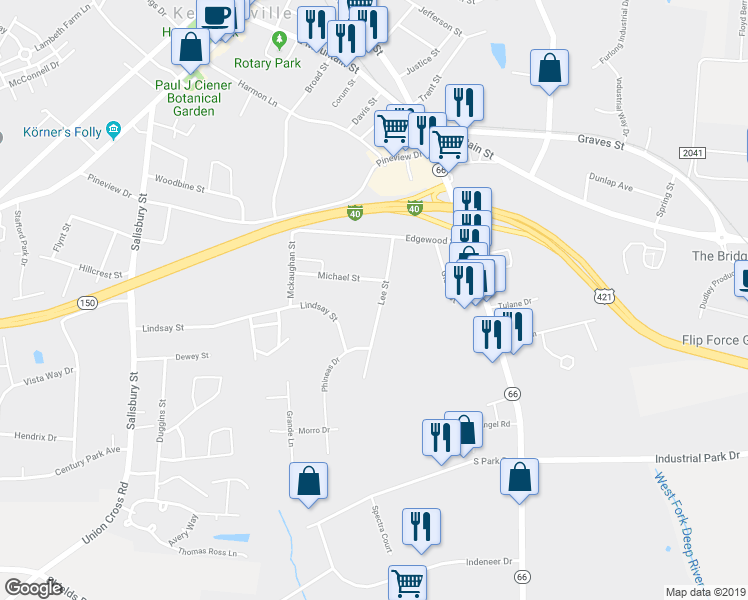 map of restaurants, bars, coffee shops, grocery stores, and more near 809 Lee Street in Kernersville