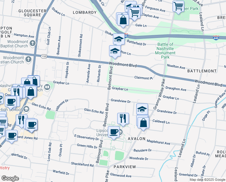 map of restaurants, bars, coffee shops, grocery stores, and more near 3609 Belmont Boulevard in Nashville