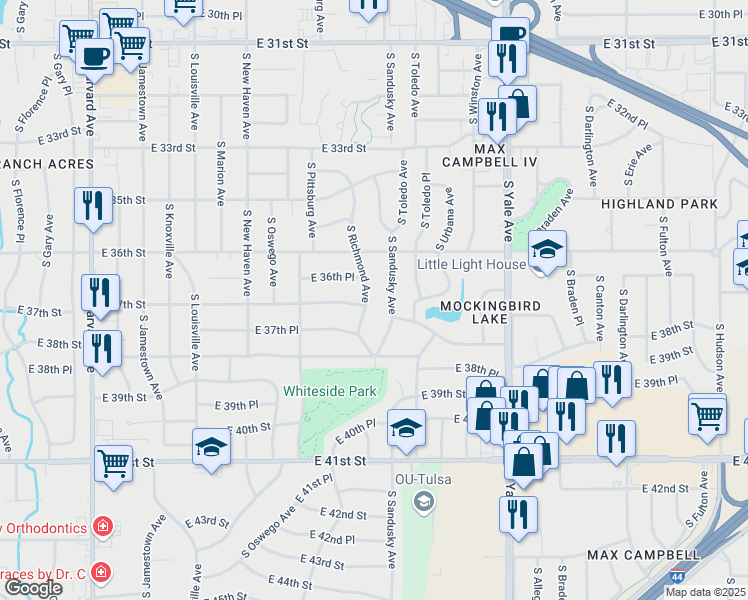 map of restaurants, bars, coffee shops, grocery stores, and more near 3707 South Richmond Avenue in Tulsa