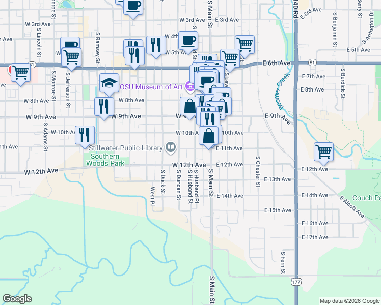 map of restaurants, bars, coffee shops, grocery stores, and more near 1112 South Husband Street in Stillwater