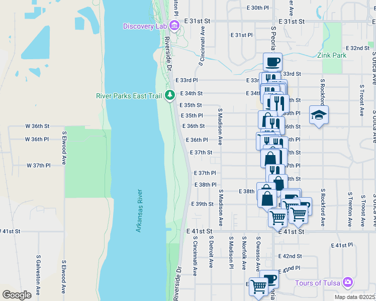 map of restaurants, bars, coffee shops, grocery stores, and more near 3651 Riverside Dr in Tulsa