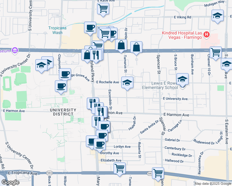 map of restaurants, bars, coffee shops, grocery stores, and more near 1482 East University Avenue in Las Vegas